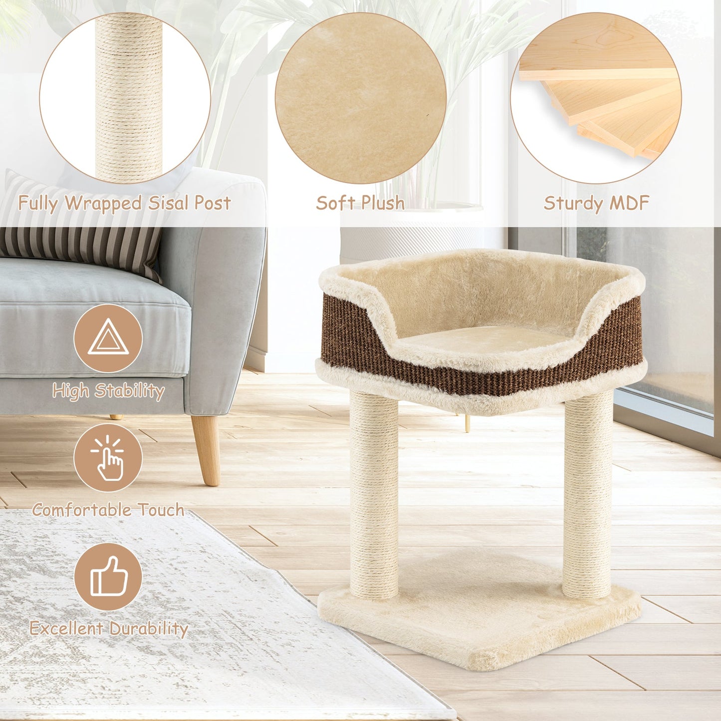 NNECW Compact Cat Tree Tower for Scratching Relaxing & Sleeping-Beige