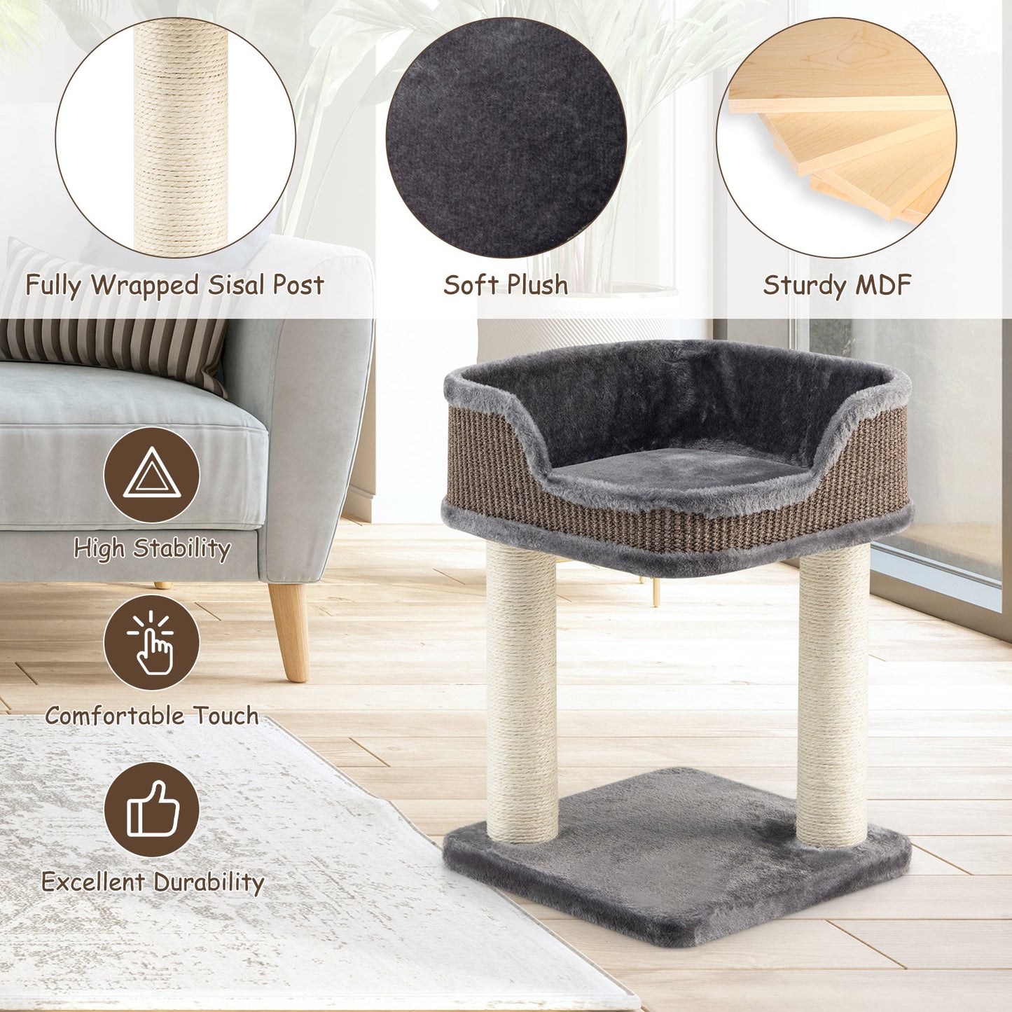 NNECW Compact Cat Tree Tower for Scratching Relaxing & Sleeping-Grey