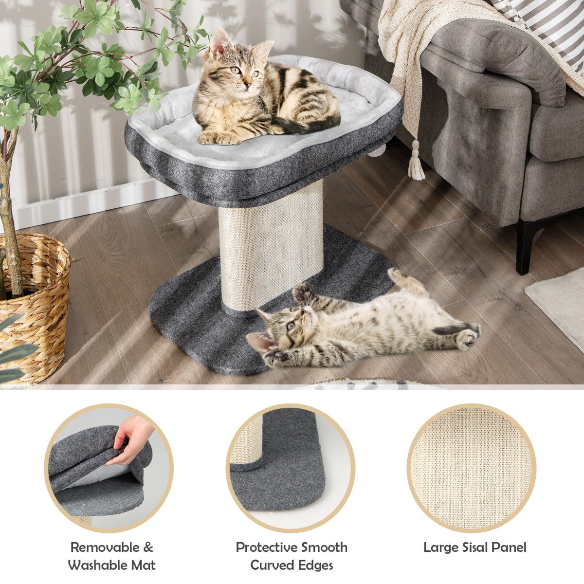 NNECW Modern Cat Tree Tower for Kittens with Large Plush Perch for Indoor Gray