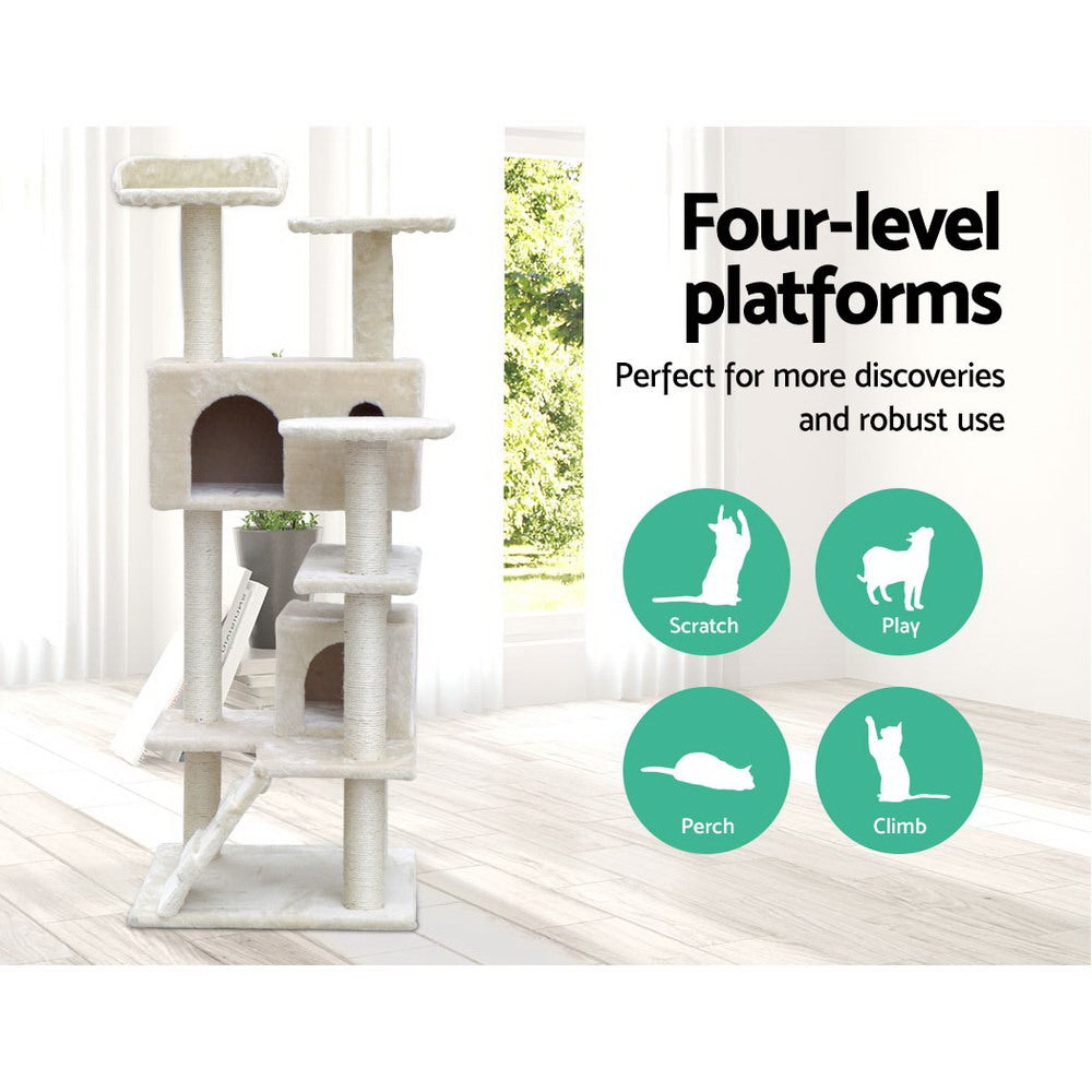 NNEDSZ Cat Tree 134cm Trees Scratching Post Scratcher Tower Condo House Furniture Wood Beige-2