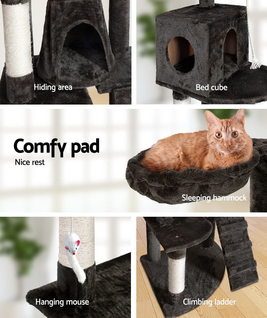 NNEDSZi.Pet Cat Tree 193cm Trees Scratching Post Scratcher Tower Condo House Furniture Wood