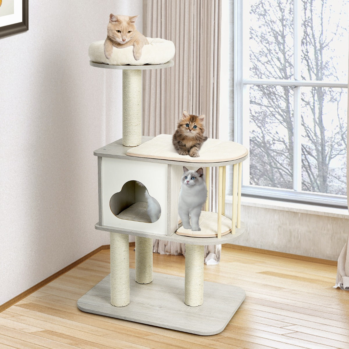 NNECW Modern Cat Tower with Platform Scratching Posts for Kittens and Cats