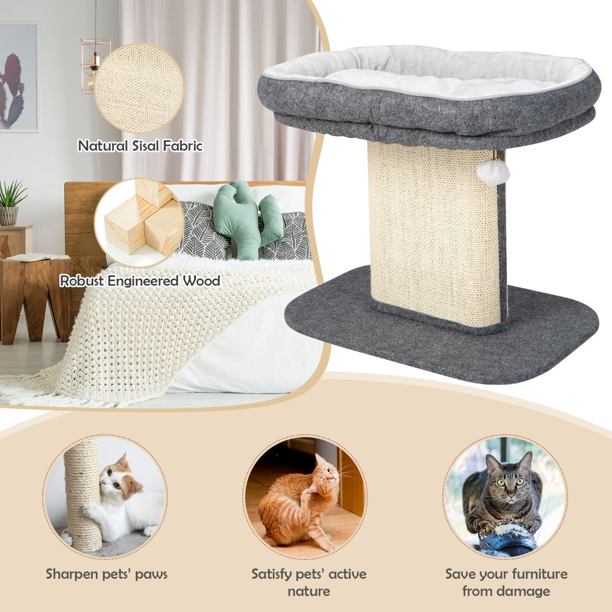 NNECW Modern Cat Tree Tower for Kittens with Large Plush Perch for Indoor Gray